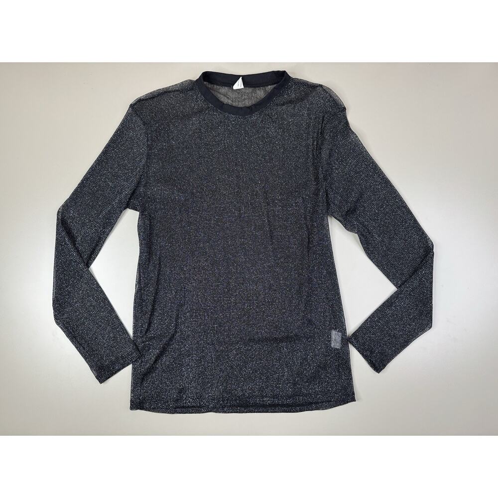 Sheer Shimmer Mesh Long Sleeve Top Womens M Black Oversized Crew EDM Rave Y2K - Picture 4 of 11
